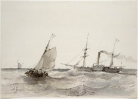 Z 067-19
<br/>
Een raderstoomschip en zeilboten op zee
<br/>
<em>Schelfhout, Andreas (1787-1870)</em>
